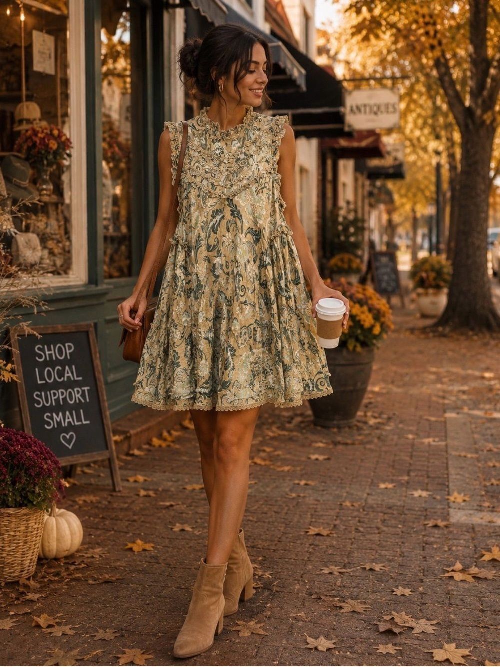 Spell & The Gypsy Floral Ruffle Tiered Mini Dress in Sage and Cream Boho M